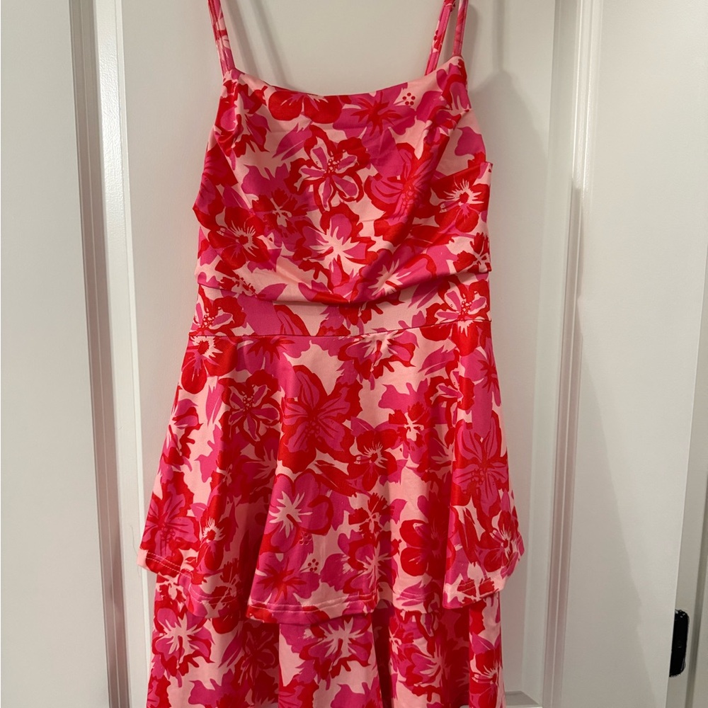 SHEIN Red Pink Tiered Ruffled Jumpsuit Wedding